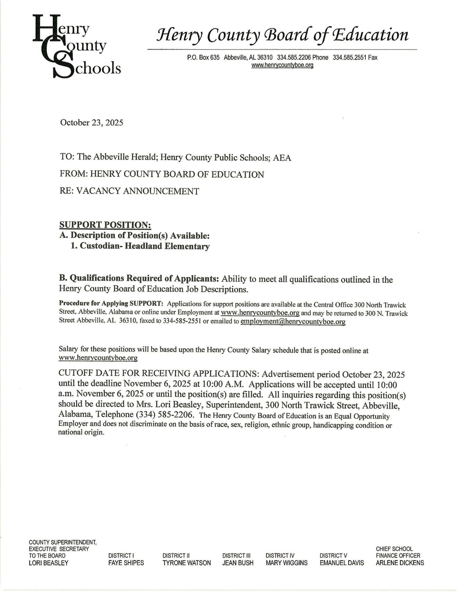 Custodian Vacancy at Headland Elementary School Announcement Flyer